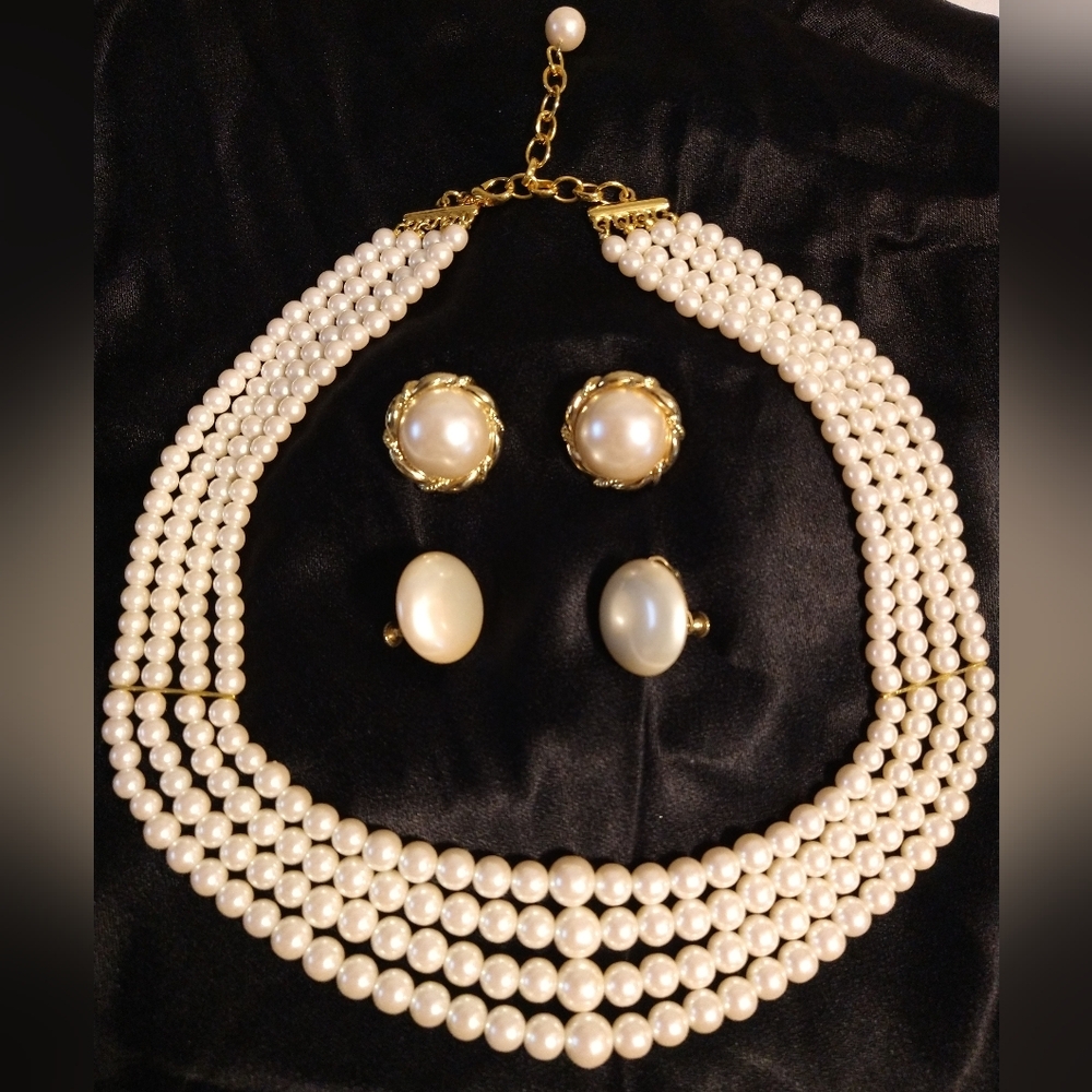 FAUX WHITE PEARL 4-STRAND GRADUATED NECKLACE & 2 CLUP EARRING BUNDLE SET